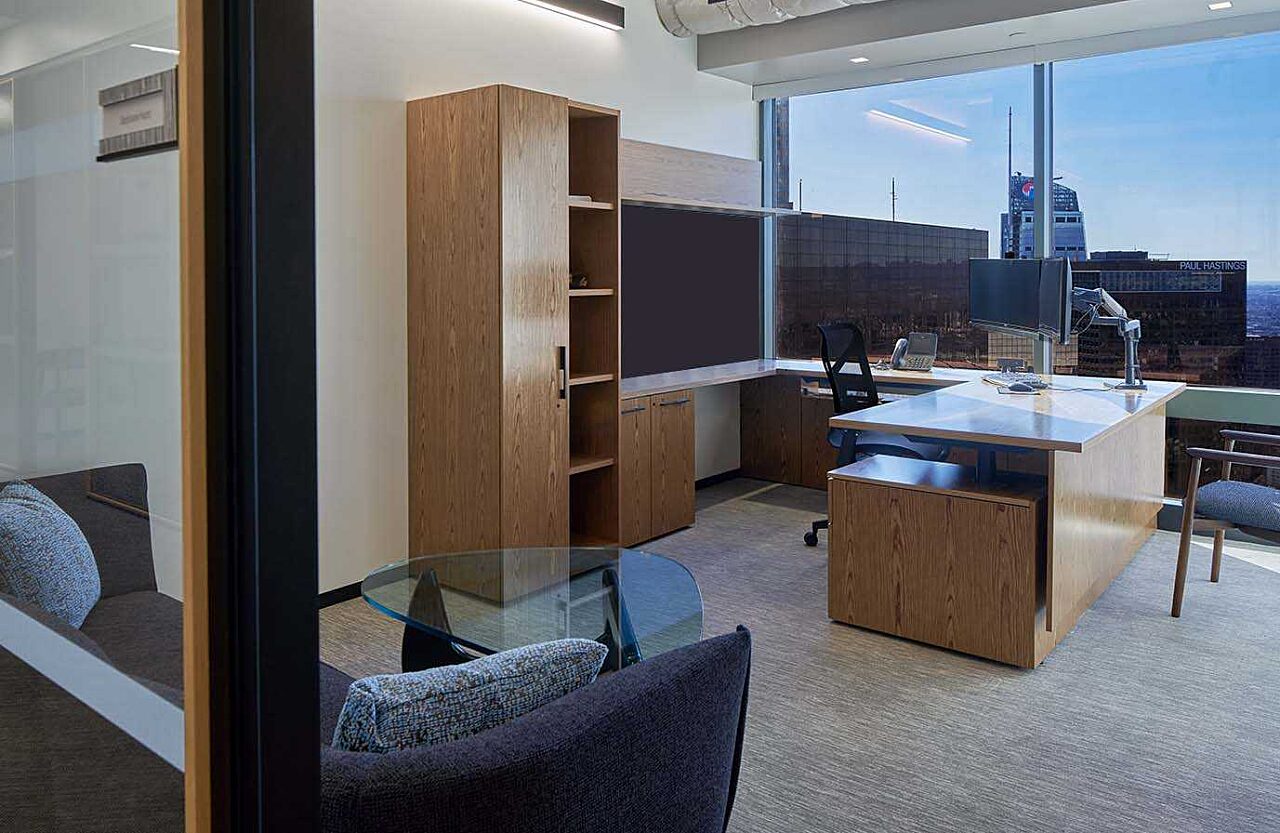 A private office with a view of the Los Angeles skyline.