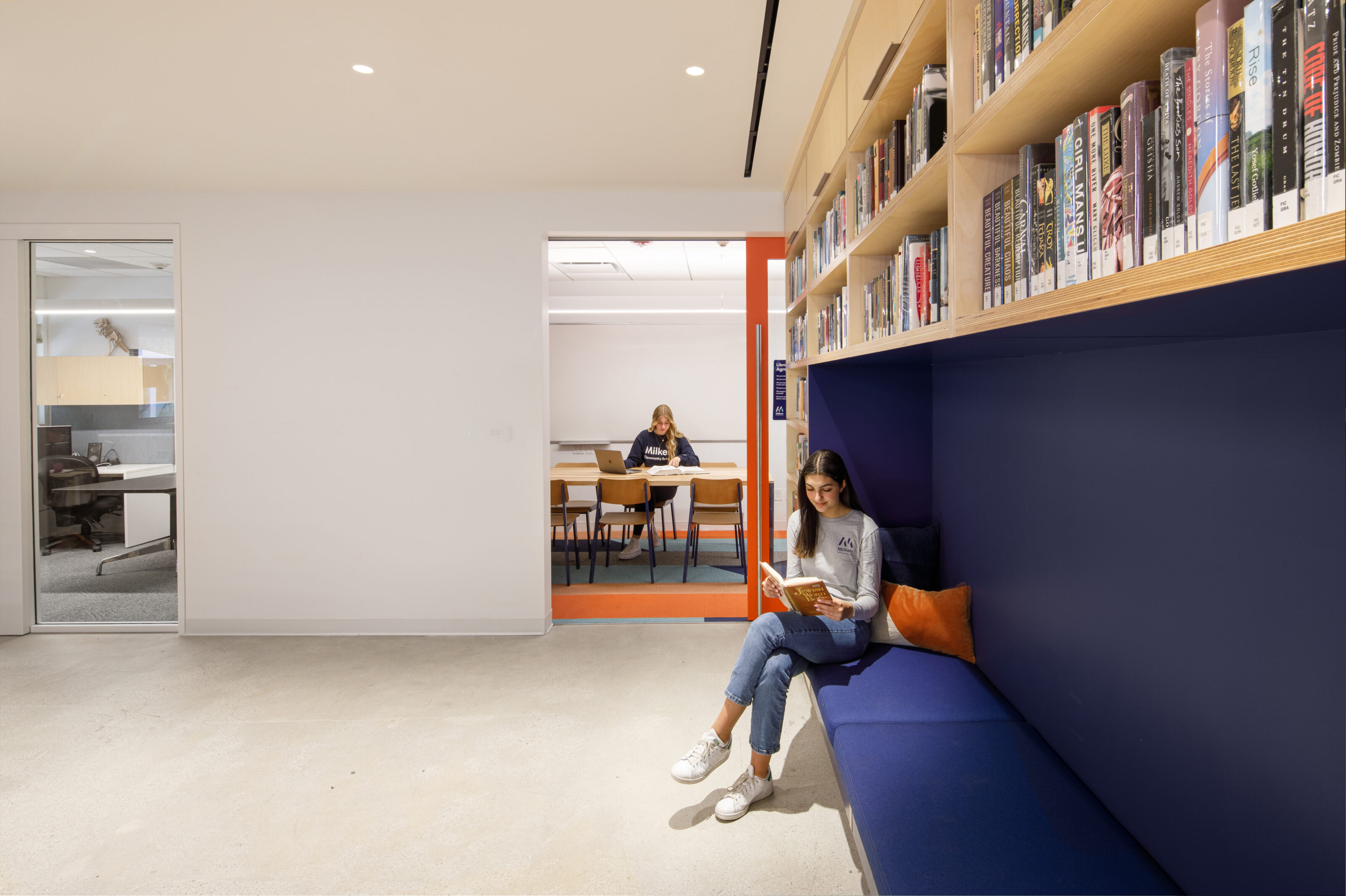 Blue custom booths with a wooden shelf in an open self-reading area.