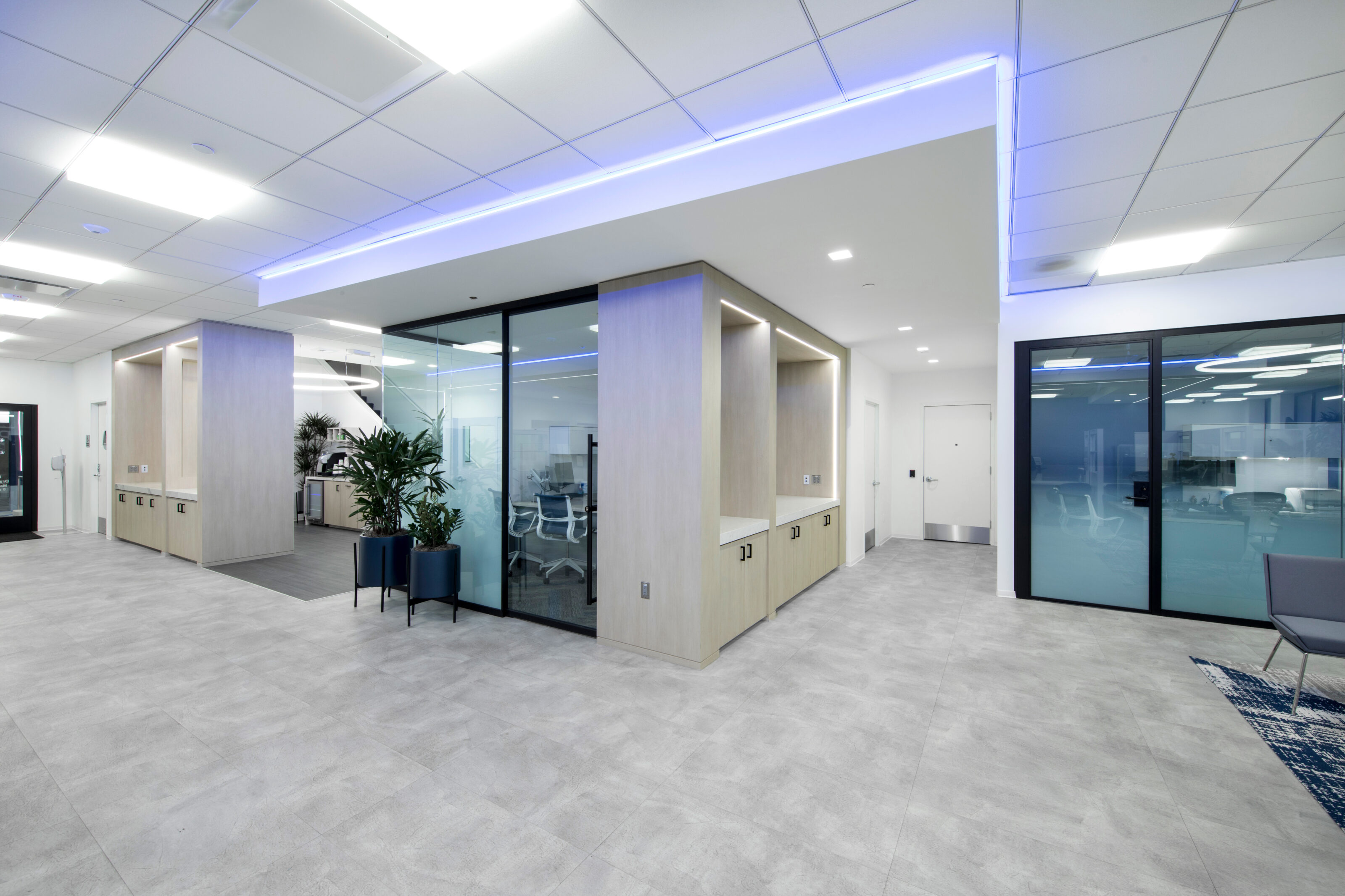 A contemporary break room adjacent to private office.
