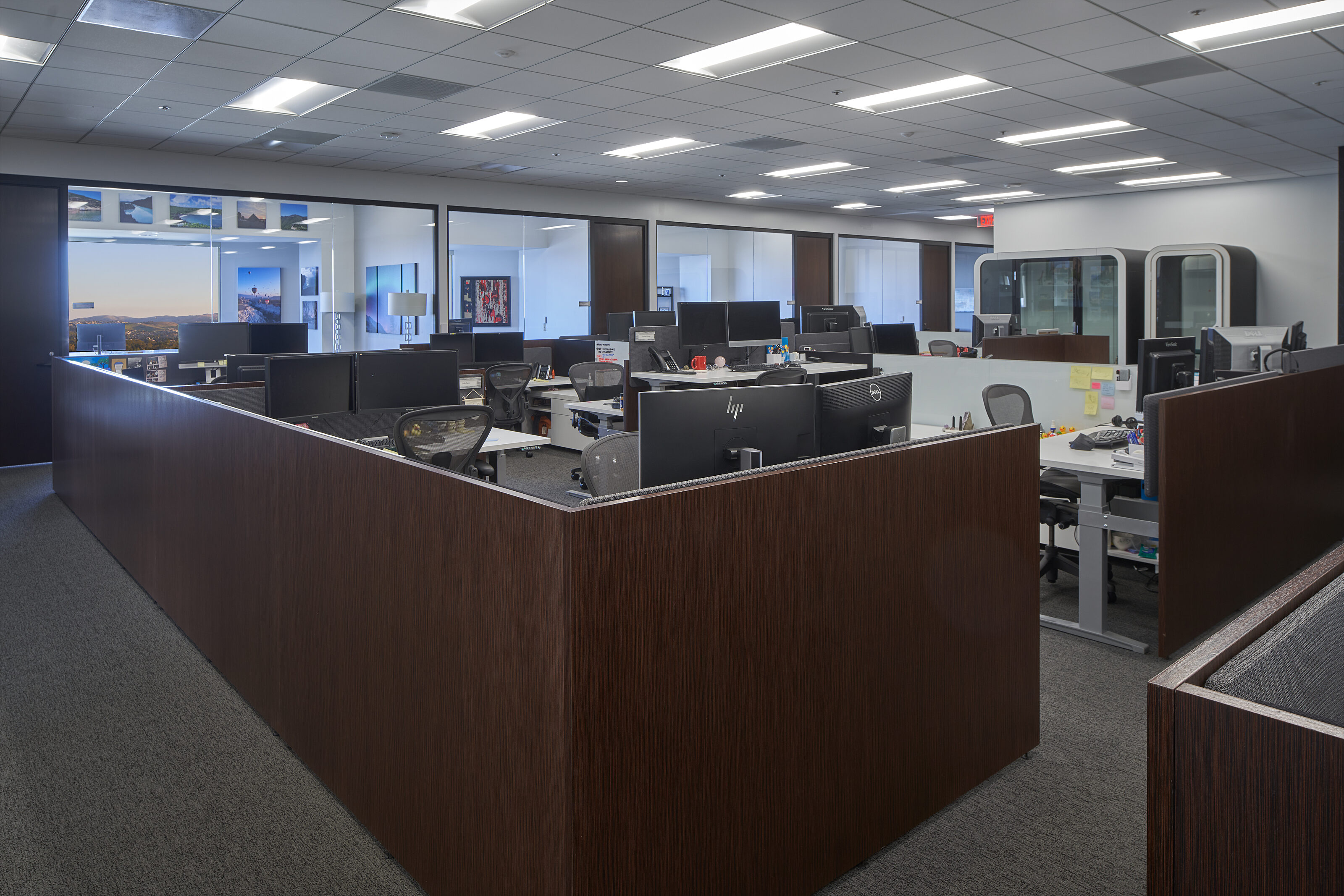 Productive open office with numerous workstations separated by  wooden walls for privacy and focus.