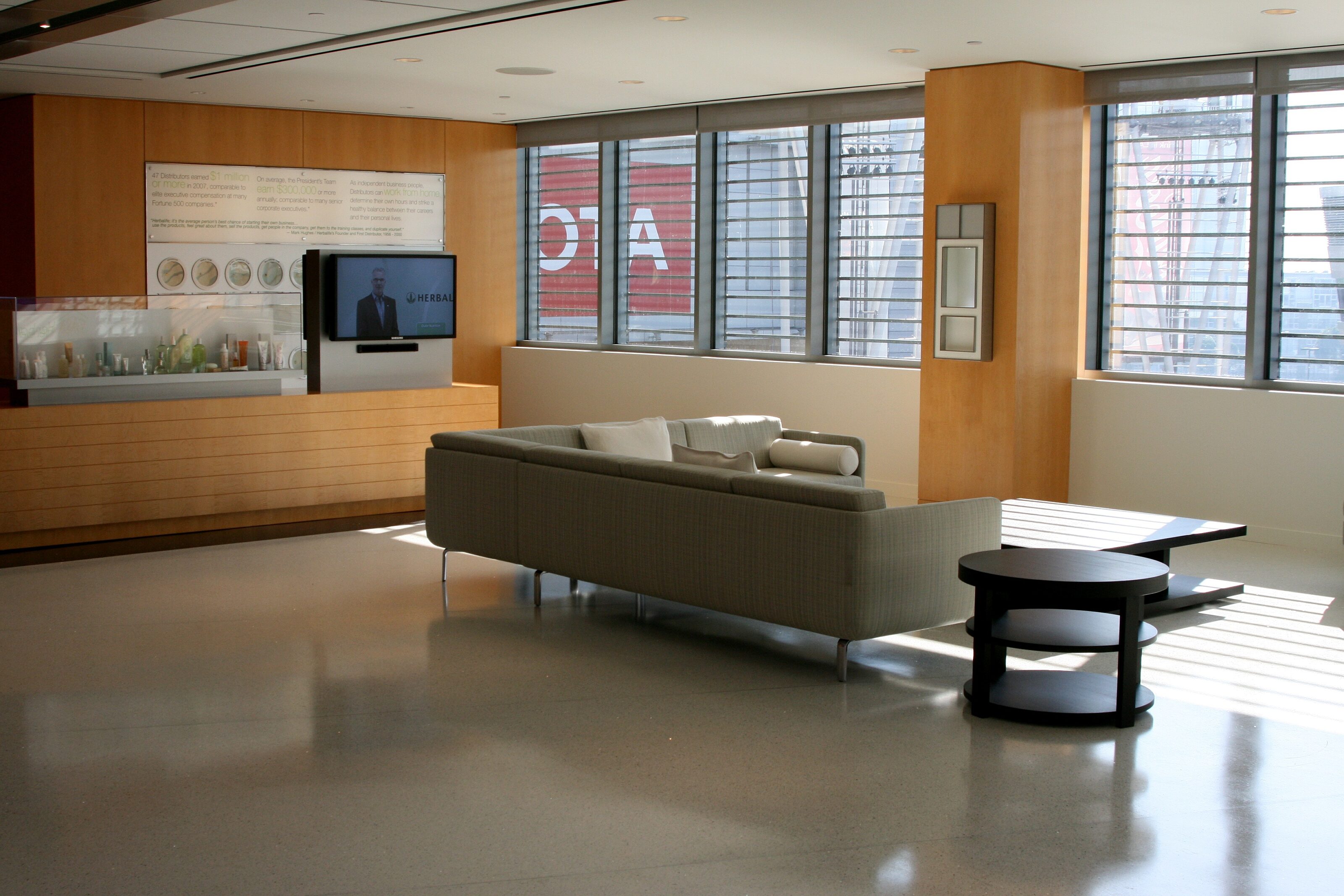 The quiet break area has luxurious couches and lounge chairs for relaxing and recharging.