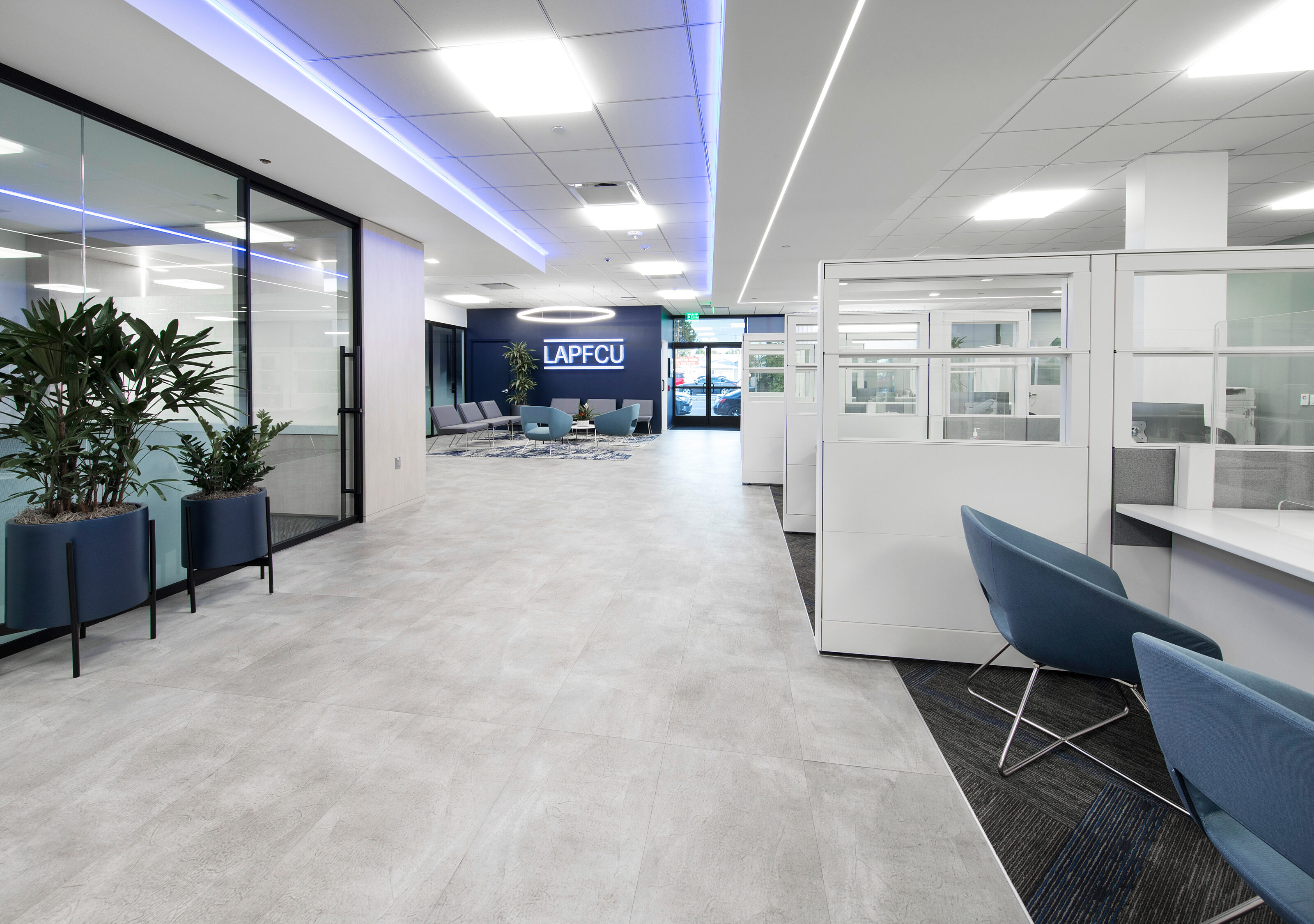 A hallway linking the private office and the bank counters.