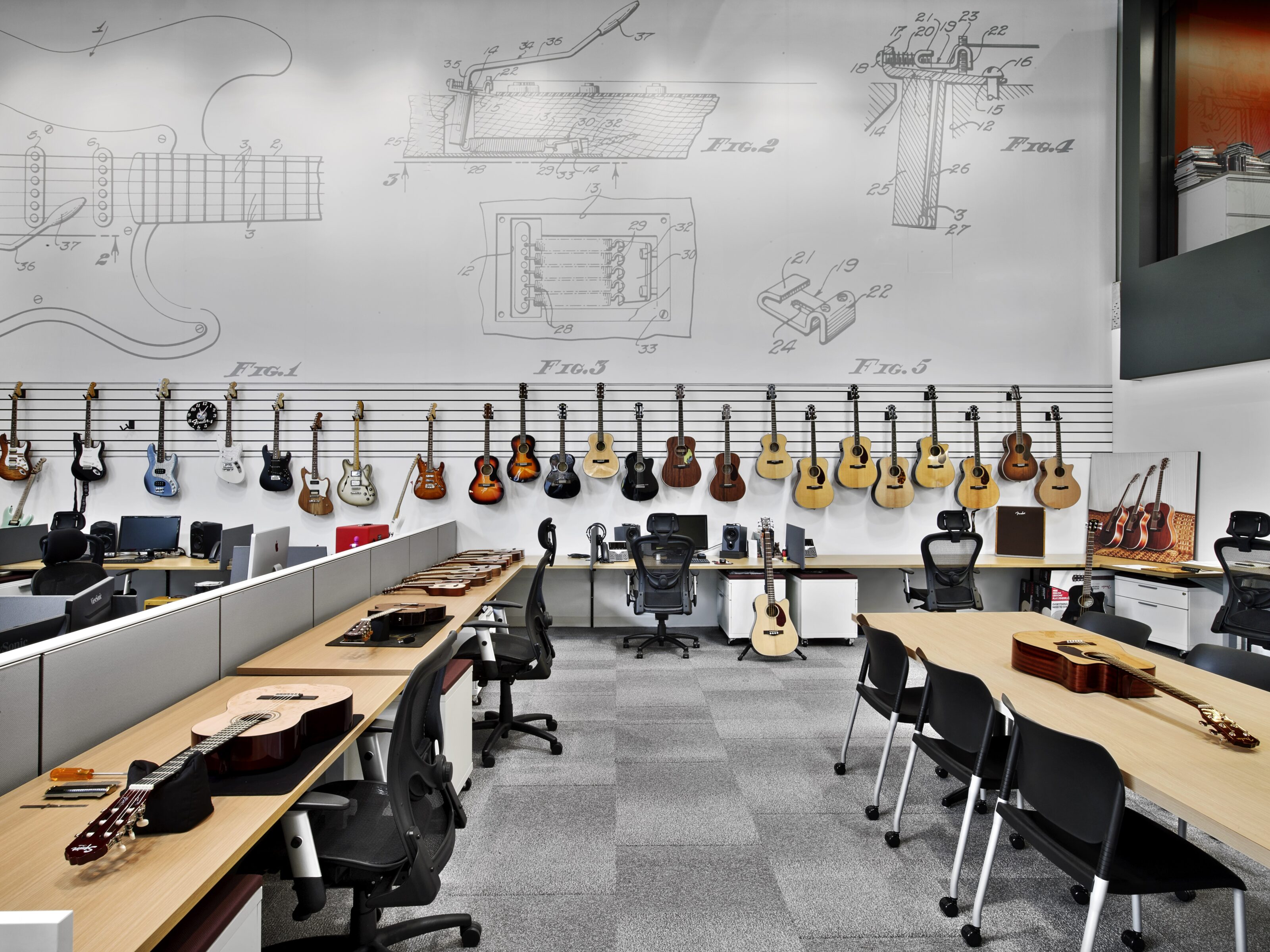 Custom wall with guitars and working stations.