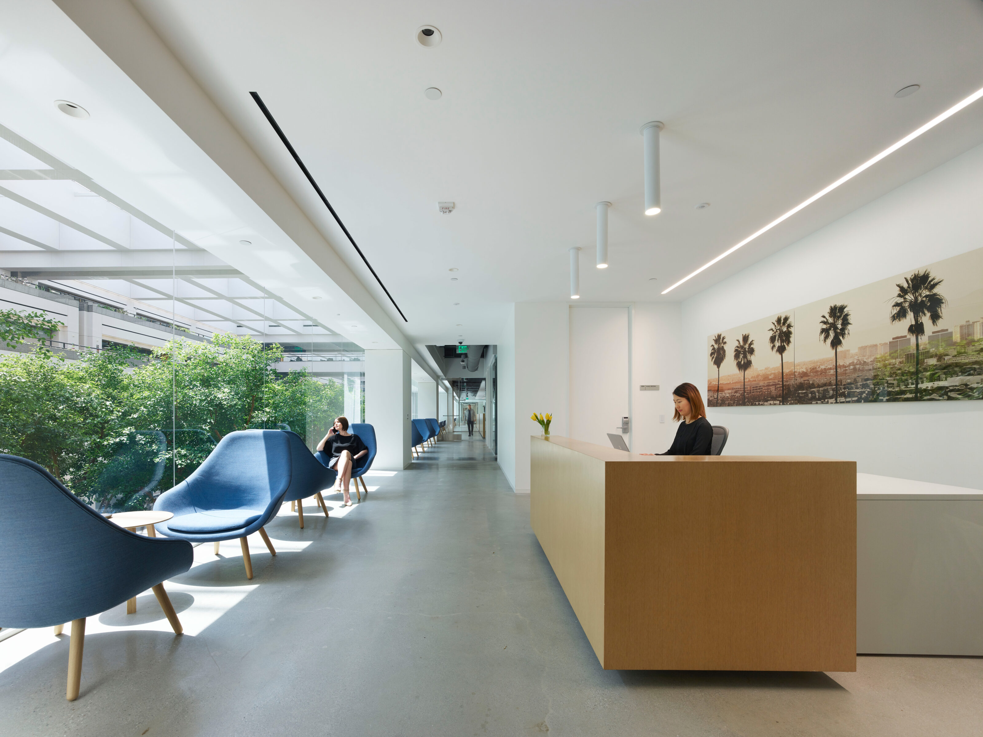 A light gray walkway runs between a wooden reception table and two blue lounge chairs surrounded by trees.
