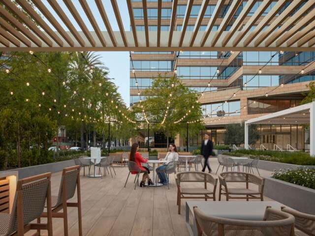Furnished outdoor terrace with lounge seating at Studio Plaza in Burbank.